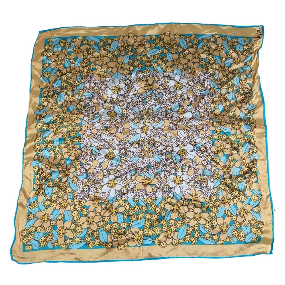 Vintage Floral Square Scarf Yellow Blue Gold Acetate Japan Spring Summer MCM